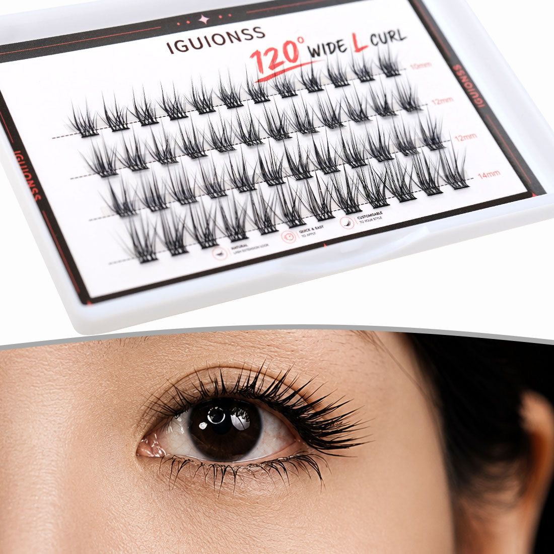 IGUIONSS 2350L L Curl Lash Clusters - Black & Brown, 10-14mm Mixed