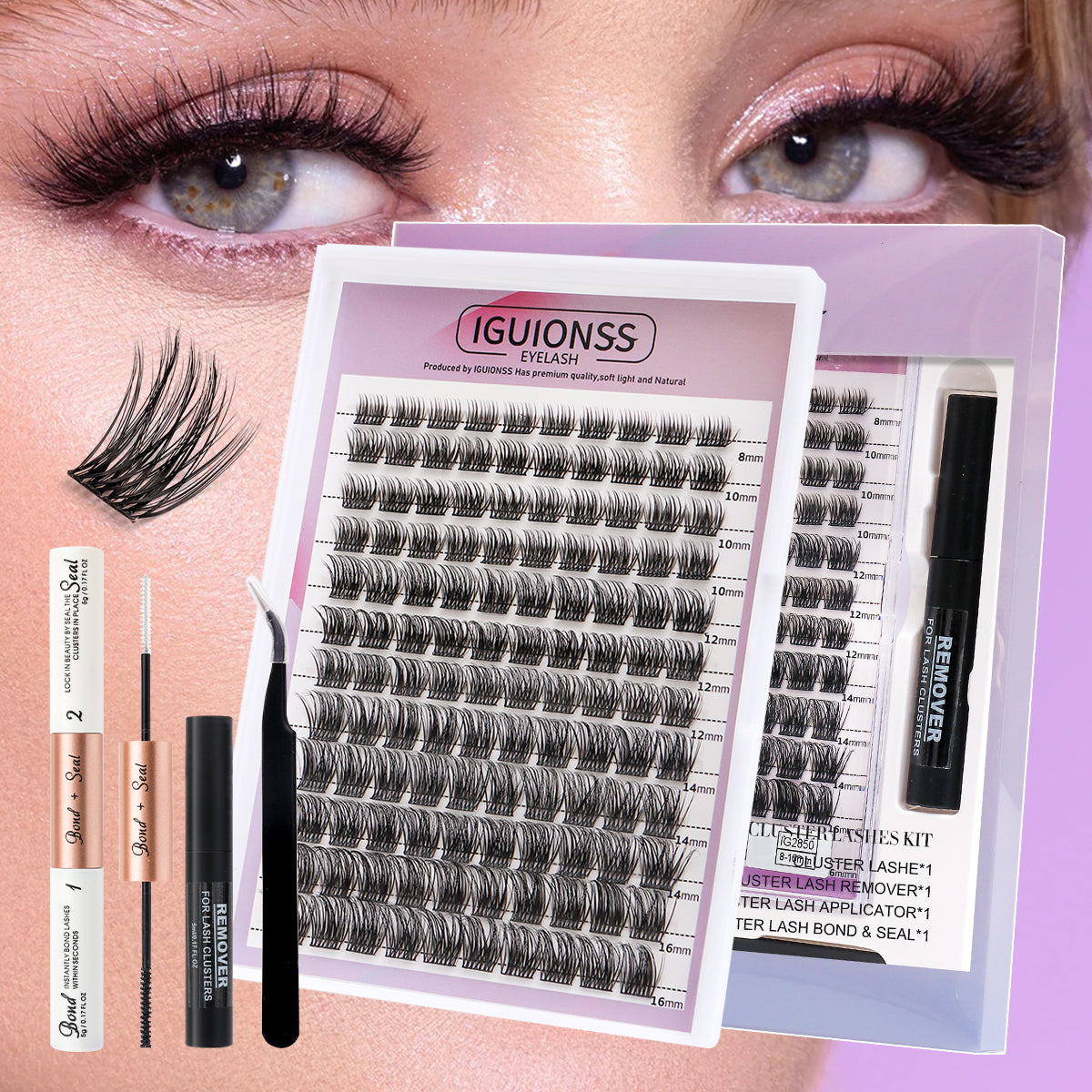 IGUIONSS 2850 DIY Cluster Lash Kit – 120 Clusters, Mixed Length 8–16mm, C/D Curl