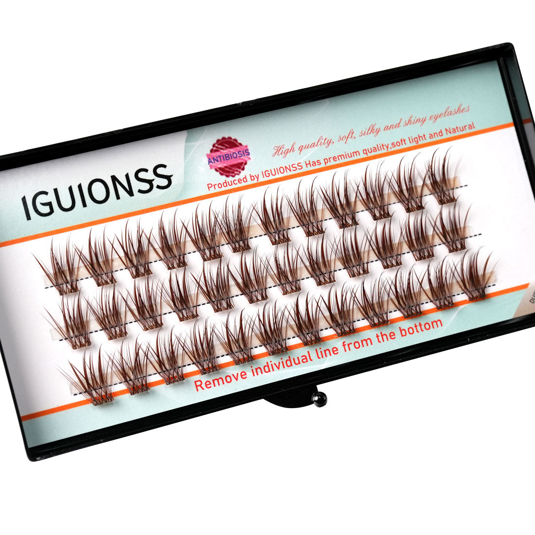 IGUIONSS IG2350 brown lash clusters arranged in tray