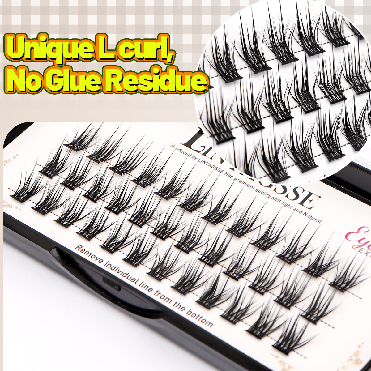 LINYAGSSE IG2350 L curl lash clusters with clean no-residue bases