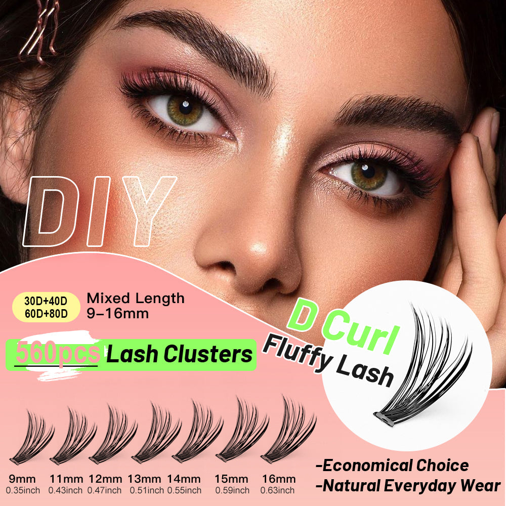 D curl 560-piece black lash clusters in mixed 9 to 16 mm lengths