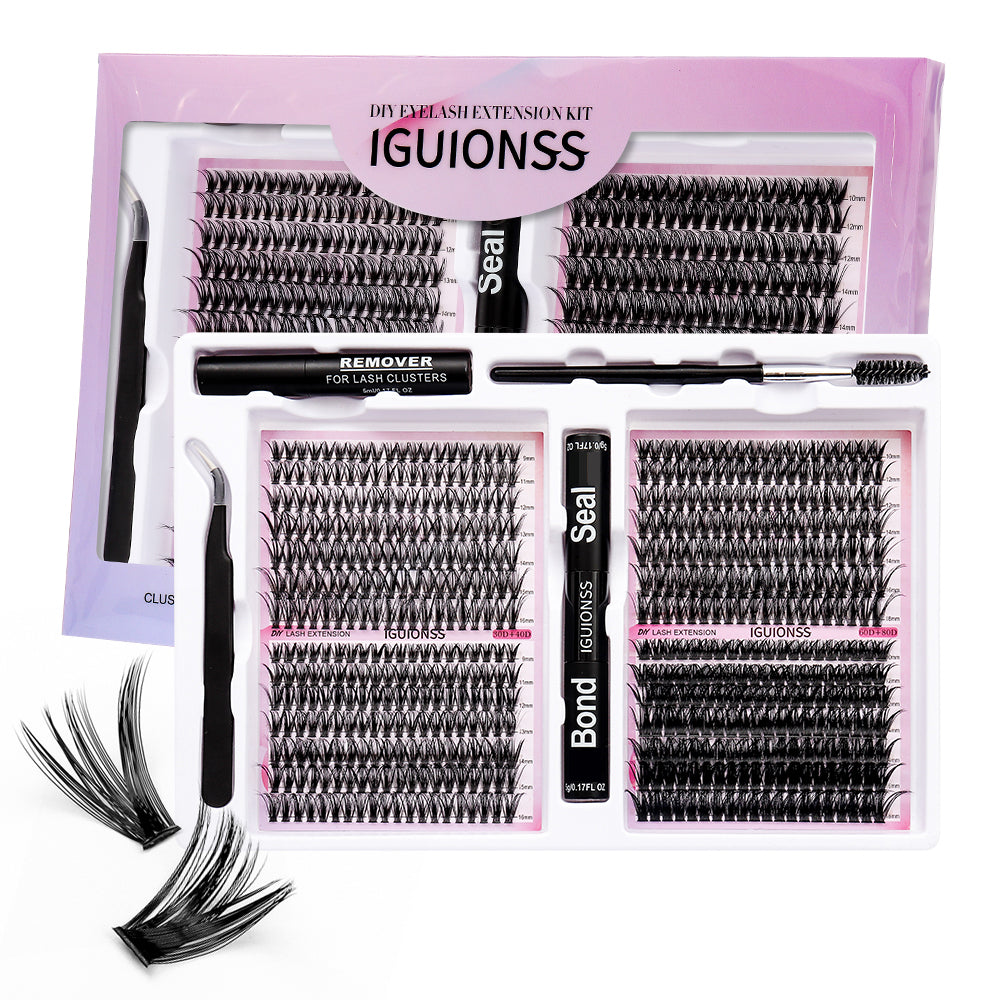 D curl DIY lash cluster extension kit with 30D 40D 60D 80D black lashes, bond, remover and tweezers