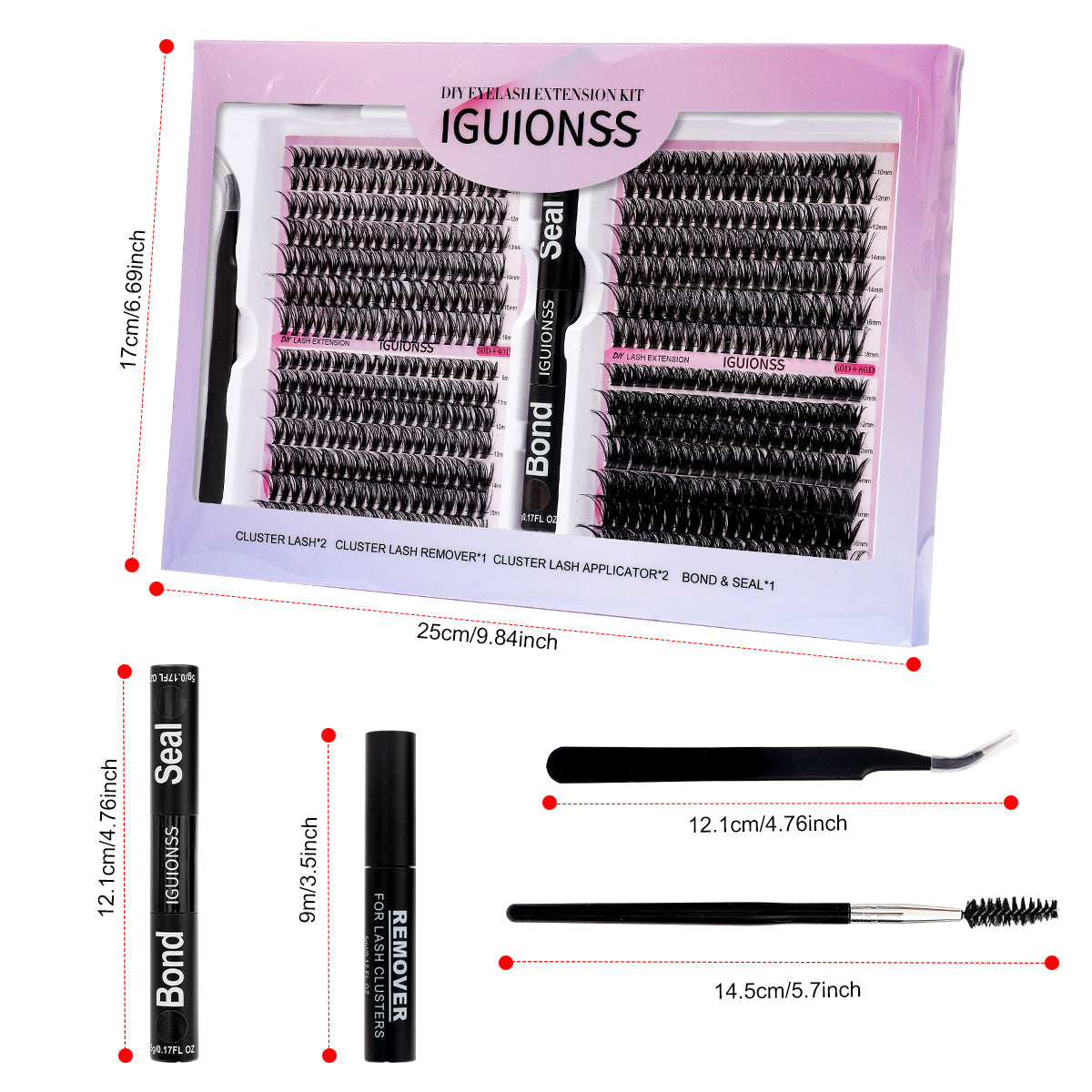 D curl DIY lash cluster kit package dimensions, bond and seal, remover, tweezer and lash brush