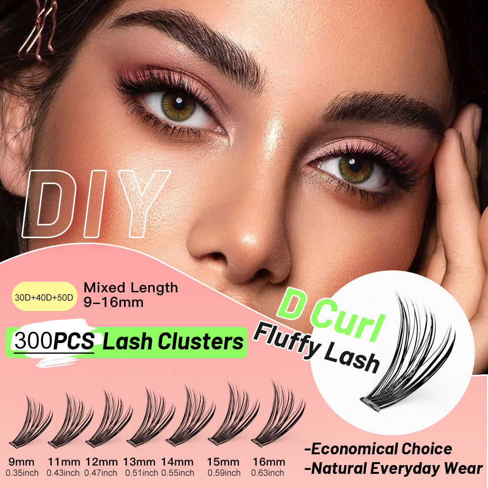 300-piece D curl mixed-length lash clusters for natural and dramatic looks