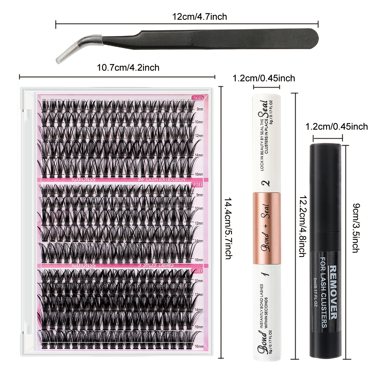 IGUIONSS mixed 30D 40D 50D lash kit dimensions and included tools