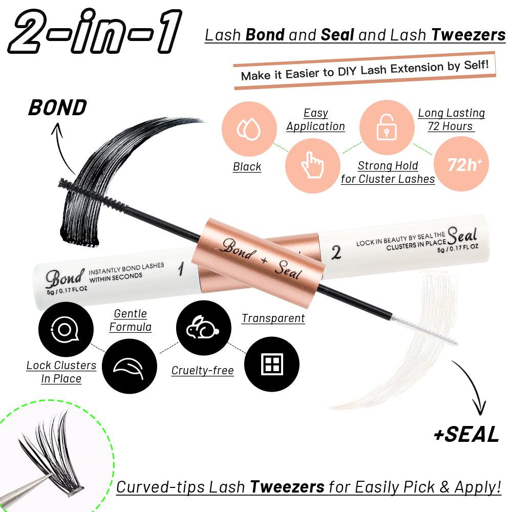 Bond and Seal adhesive and tweezers included in the lash cluster kit