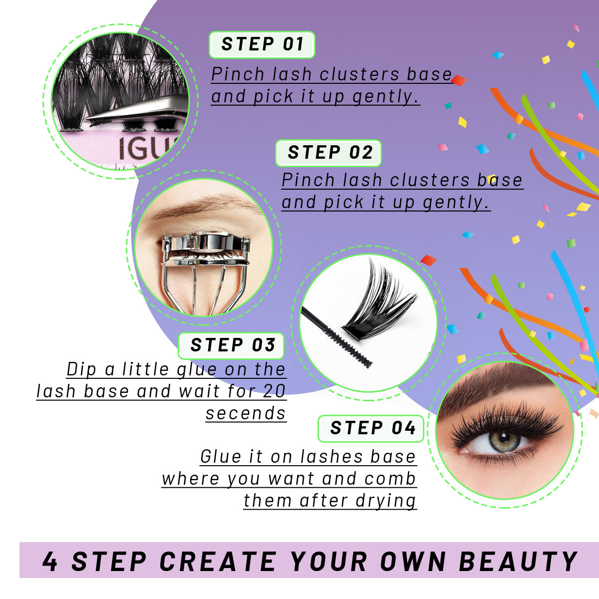 Four-step guide for applying IGUIONSS DIY lash clusters