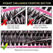 Guide showing how to pick up lash clusters from the root
